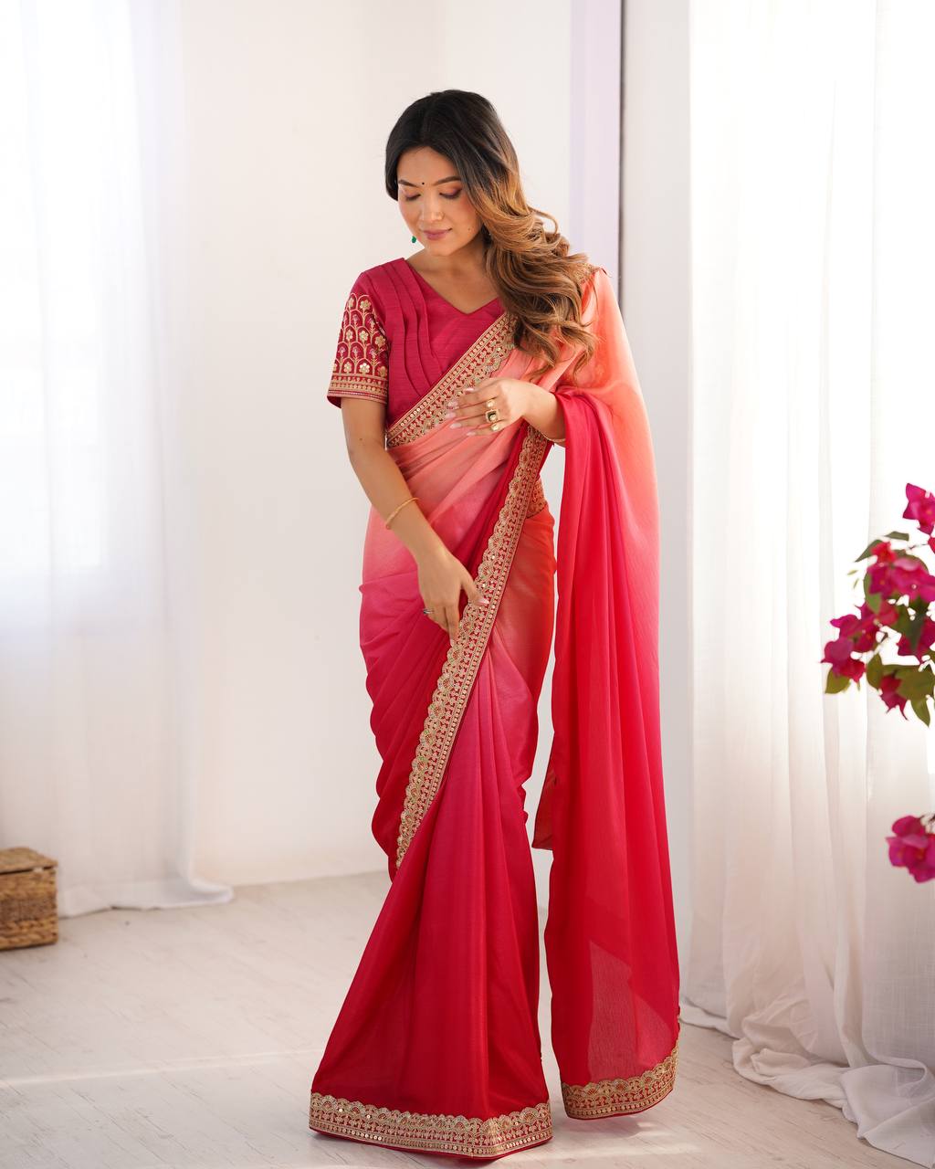 Women's Elegant Ombre Green Georgette Saree with Intricate Golden Zari & Stone Embellishments – Complete with Heavily Worked Blouse for Festive & Wedding Wear - Image 24